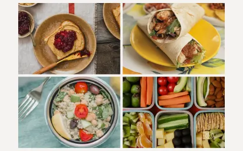 Delicious hiking lunch ideas: peanut butter toast, chicken wraps, quinoa salad, and a bento box with fruits, veggies, cheese, and crackers.
