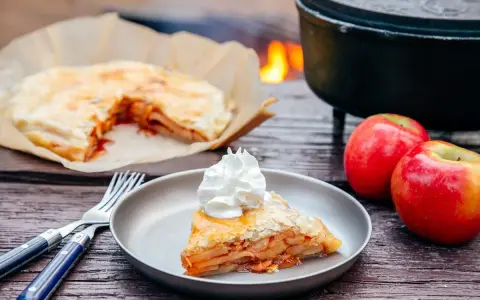 A slice of campfire apple pie, topped with whipped cream, sits on a plate next to fresh apples and a fork.