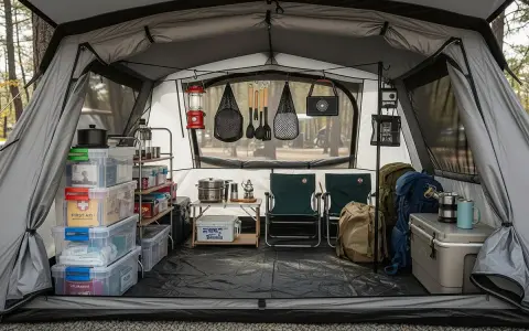 Organized camping storage inside a tent, featuring stacked bins, shelves, cooking gear, chairs, and backpacks.