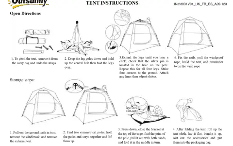 Diagrams showing how to fold a pop-up tent, from removing it from the bag to rolling it up for storage.