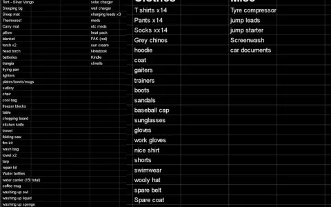 A checklist of car camping essentials, including gear, clothing, and miscellaneous items for a trip.