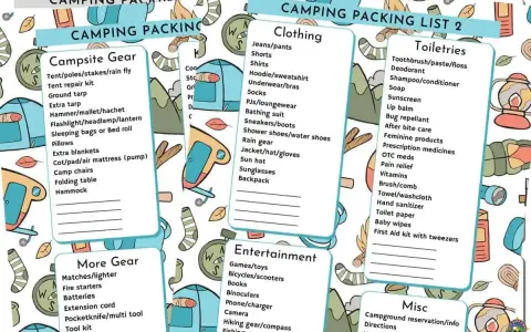 A camping packing list with sections for campsite gear, clothing, toiletries, more gear, entertainment, and misc. Essential items for a successful outdoor adventure.