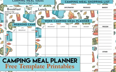 A camping meal plan template with sections for breakfast, lunch, dinner, and dessert, plus a shopping list.