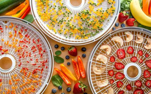 Dehydrating food for backpacking: trays filled with dried peppers, corn, apples, and strawberries, surrounded by fresh produce.
