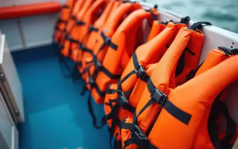 A row of bright orange type iii life jackets are neatly stored on a boat, ready for an adventure on the water.