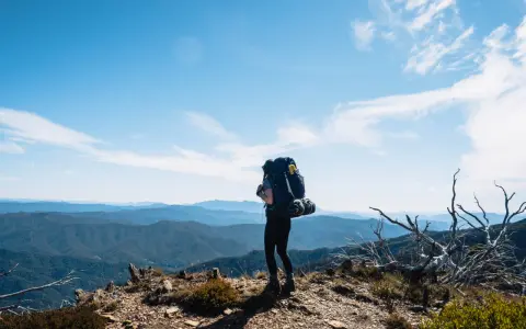 A lone hiker stands on a mountain ridge, ready for backpacking and hiking, with a vast expanse of blue mountains stretching to the horizon under a clear sky.