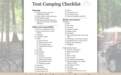 A first time camping checklist for tent camping, detailing planning, safety, and shelter necessities.
