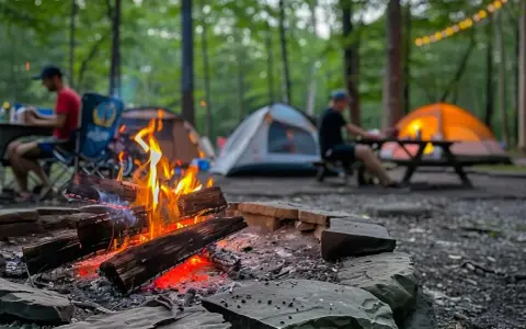 A crackling campfire sets the scene for a large group camping trip. Tents glow in the twilight as friends gather around picnic tables in the woods.