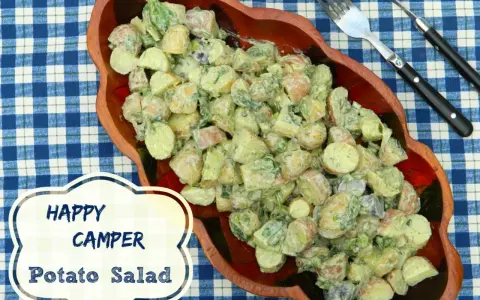 A hearty potato salad, perfect for happy campers, is served in a wooden bowl on a blue checkered tablecloth.