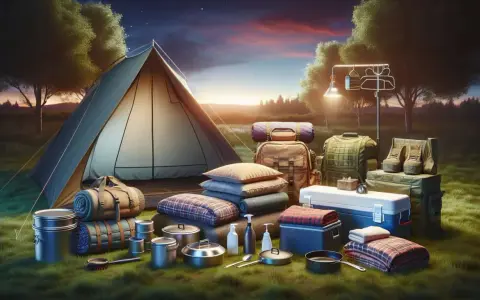 All the essentials for a camping trip are laid out: tent, sleeping bags, cookware, cooler, clothing, and boots.