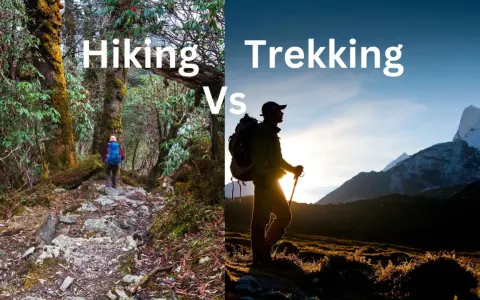 Hiking in a forest vs. trekking in mountains. The image illustrates what is the difference between hiking and trekking.