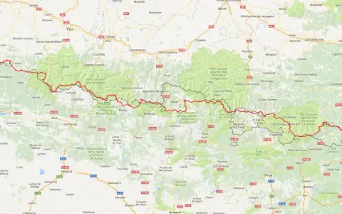 Map showing the Haute Route Pyrenees trail, a long-distance hiking path across the Pyrenees mountains.