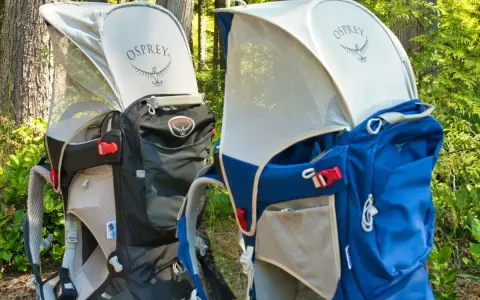Two Osprey Poco Plus child carriers in black and blue, ready for adventure. Check the Osprey Poco Plus weight limit for safe hiking.
