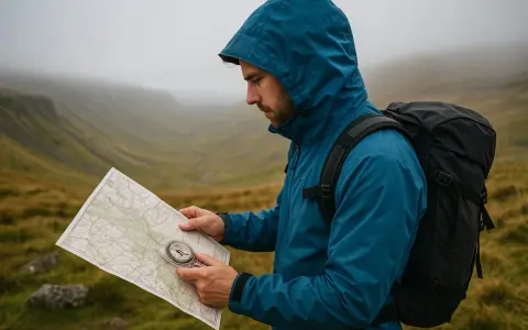 A hiker in a blue jacket uses a compass on a map to navigate a foggy mountain landscape.