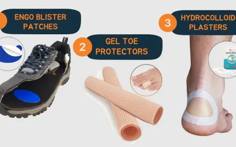 Preventing hiking with blisters: Engo patches for shoes, gel toe protectors, and hydrocolloid plasters for heel protection.