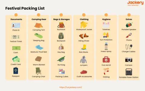 Festival camping essentials checklist: documents, camping gear, bags, clothing, hygiene, and extras.