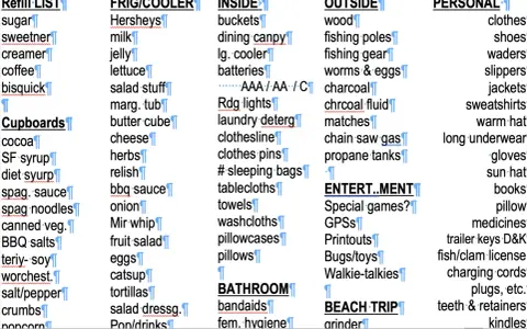 A detailed car camping packing list, covering food, gear, and personal items, organized into categories like "Refill List," "Inside," and "Outside.