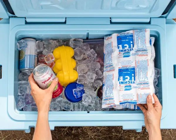 Hands packing a cooler with ice, cans, and reusable ice packs. This shows how to pack a cooler for a perfect picnic.