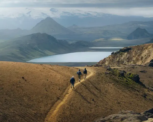 Hikers traverse a golden path on a mountain ridge, with a vast, serene lake and snow-capped peaks in the distance. This iconic landscape hints at the epic scale of how long is the Laugavegur trail.