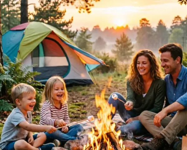 A family enjoys camping with kids, roasting marshmallows over a campfire at sunset with a colorful tent in the background.
