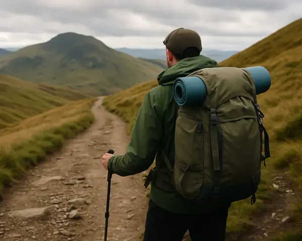 A hiker with a large backpack and trekking pole walks on a dirt path through rolling, grassy hills. Essential backpacking tips for this journey include packing light and staying hydrated.