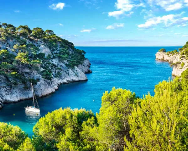 A sailboat anchors in a serene cove, surrounded by lush green trees and dramatic cliffs. This idyllic scene evokes the feeling of a perfect camping trip in Cassis.