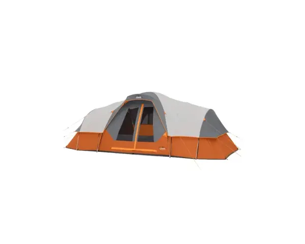 A large, orange and grey CORE tent stands ready for adventure. This tent looks like it's good quality for any camping trip.
