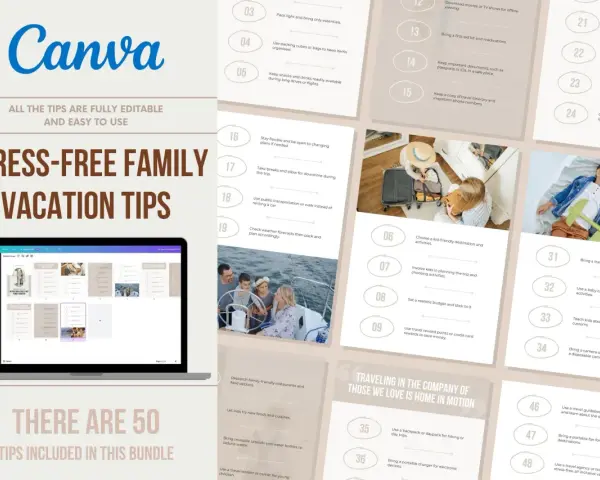 Stress-free family vacation tips, including ideas for camping familial var. Learn how to pack, plan, and enjoy your trip with these 50 editable tips.