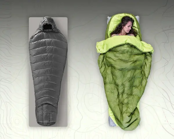 A gray sleeping bag and a green quilt with a woman sleeping in it. Choosing between a quilt vs sleeping bag for your next adventure.