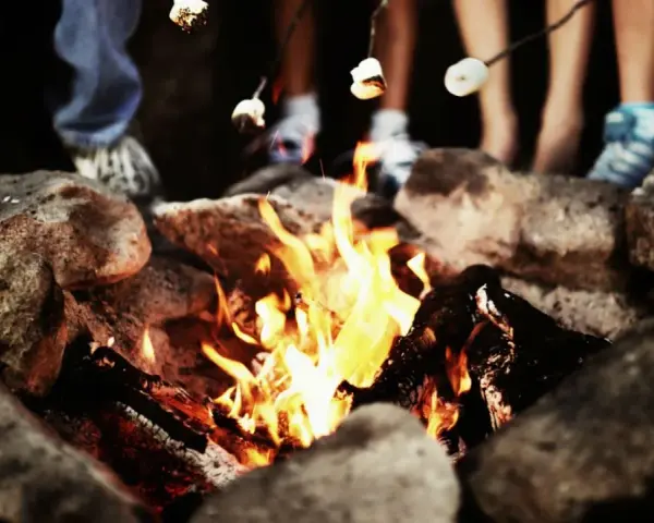 Marshmallows toasting over a campfire, perfect for camp fire songs and sweet memories.