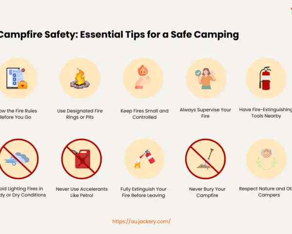 Essential tips for how to build a campfire safely: know rules, use pits, keep small, supervise, have extinguisher, avoid wind, no accelerants, extinguish fully, don't bury, respect nature.