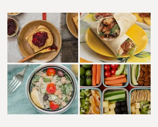 Delicious hiking lunch ideas: peanut butter toast, chicken wraps, quinoa salad, and a bento box with fruits, veggies, cheese, and crackers.