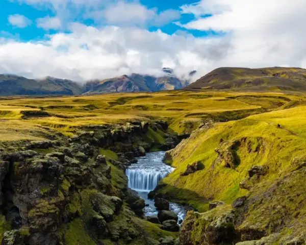 A winding path on the Laugavegur trail in Iceland leads past a mossy canyon with a cascading waterfall.