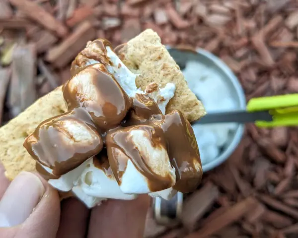 A hand holds a graham cracker topped with melted marshmallows and chocolate, ready to be assembled into a s'more. A pan of marshmallows is visible in the background.
