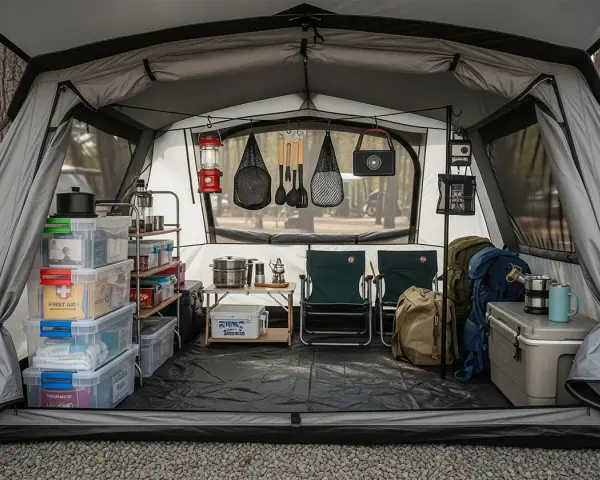 Organized camping storage inside a tent, featuring stacked bins, shelves, cooking gear, chairs, and backpacks.