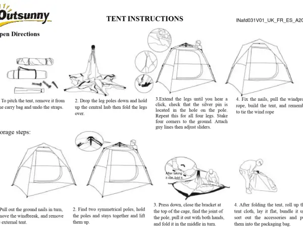 Diagrams showing how to fold a pop-up tent, from removing it from the bag to rolling it up for storage.