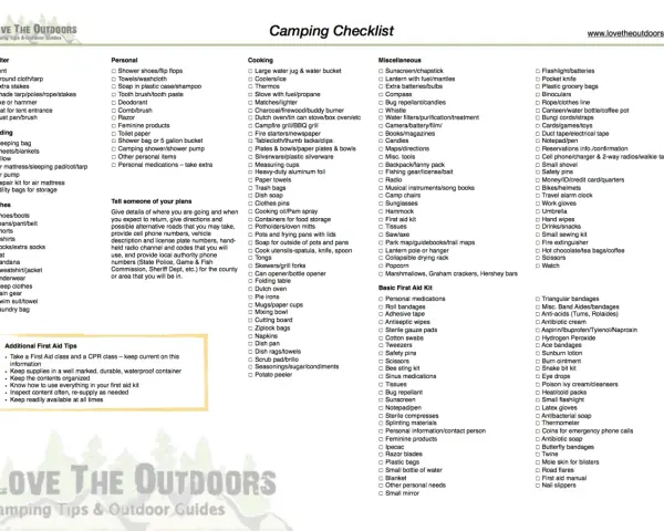 Your ultimate camping checklist printable, organized by category for a stress-free outdoor adventure.