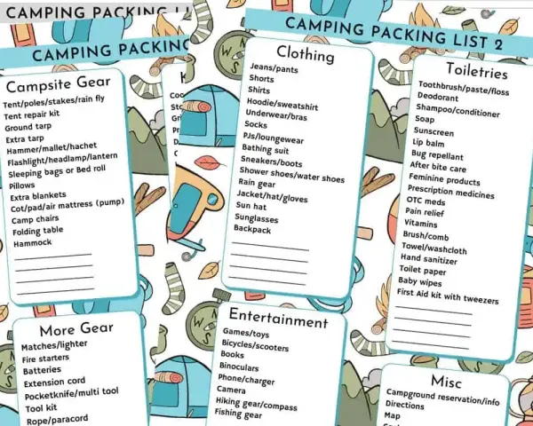 A camping packing list with sections for campsite gear, clothing, toiletries, more gear, entertainment, and misc. Essential items for a successful outdoor adventure.