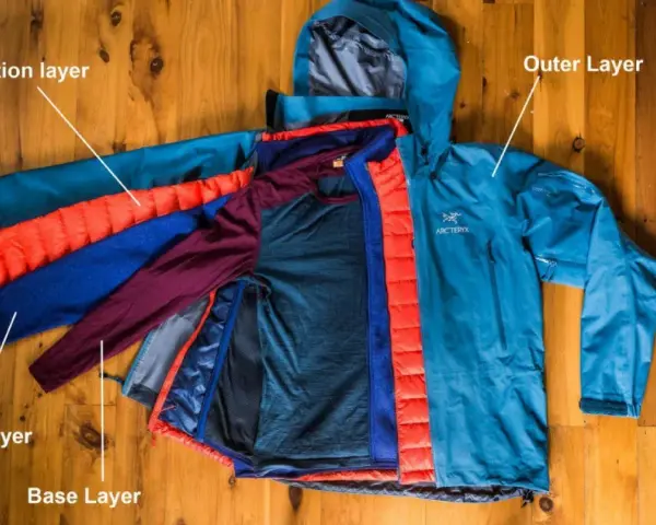 Demonstration of how to layer for hiking: base layer, mid layer, insulation layer, and outer layer.