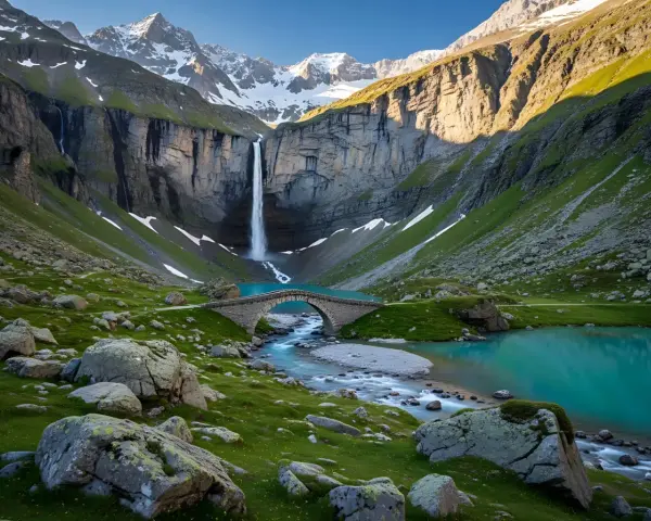 A breathtaking view of a waterfall cascading into a turquoise lake, with a stone bridge crossing a stream. This scene evokes the feeling of hiking in the Pyrenees, France, surrounded by majestic mountains and lush green slopes.