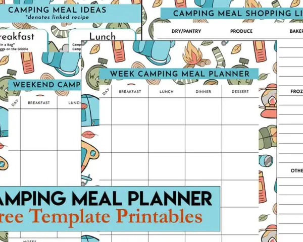 A camping meal plan template with sections for breakfast, lunch, dinner, and dessert, plus a shopping list.