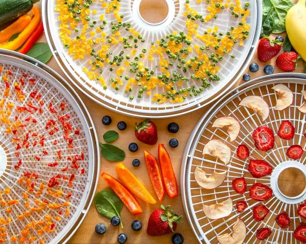Dehydrating food for backpacking: trays filled with dried peppers, corn, apples, and strawberries, surrounded by fresh produce.