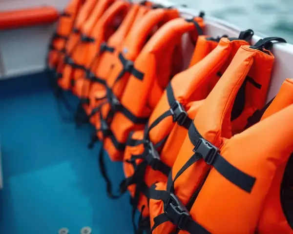 A row of bright orange type iii life jackets are neatly stored on a boat, ready for an adventure on the water.