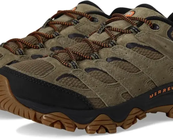 A pair of olive green Merrell Moab 3 waterproof hiking shoes with orange laces and Vibram soles.