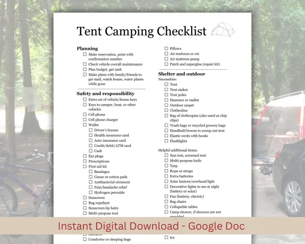 A first time camping checklist for tent camping, detailing planning, safety, and shelter necessities.