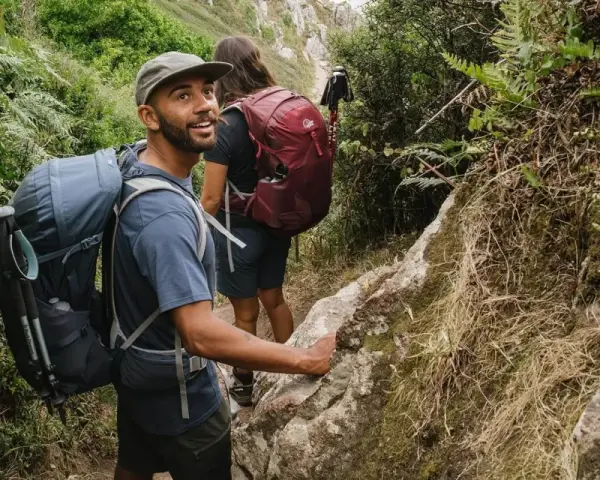 Hikers enjoy a summer trail, showcasing what to wear hiking in summer: breathable shirts, shorts, and backpacks.