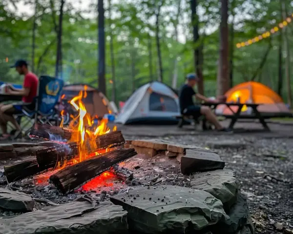 A crackling campfire sets the scene for a large group camping trip. Tents glow in the twilight as friends gather around picnic tables in the woods.