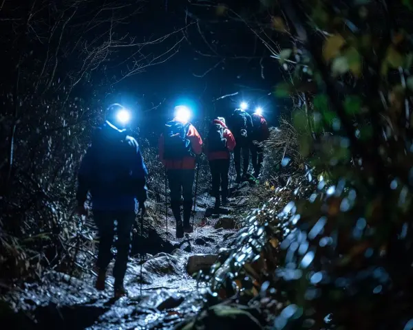 Hikers with headlamps navigate a dark, rocky trail, illuminated by their lights. These are some of the best night hiking tips.