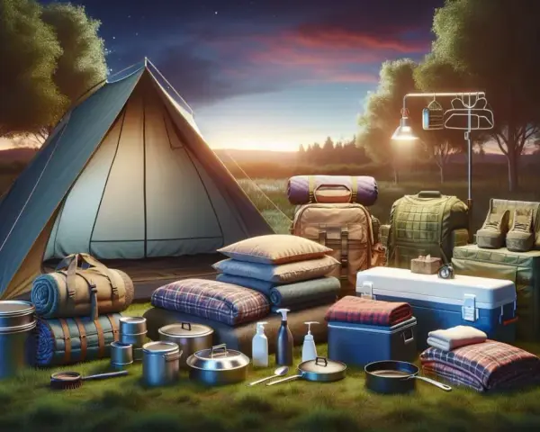 All the essentials for a camping trip are laid out: tent, sleeping bags, cookware, cooler, clothing, and boots.