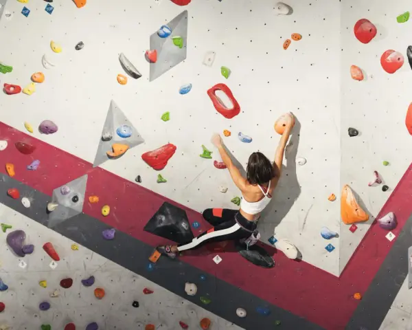 A woman is bouldering rock climbing, reaching for an orange hold on a colorful, textured wall.